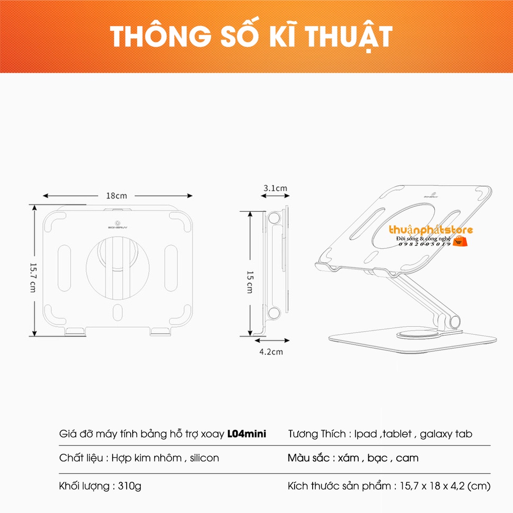 Giá Đỡ Máy Tính Bảng, Ipad, Điện Thoại L04Mini - Hợp Kim Nhôm Xoay 360 Độ - Có Thể Gập Lại