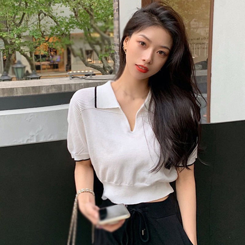 Áo Thun Dệt Kim Tay Ngắn Cổ Bẻ Đơn Giản Phong Cách Retro Mùa Hè Cho Nữ