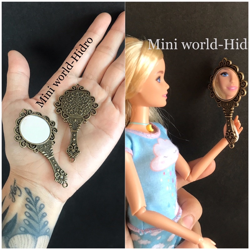 Mô hình gương soi cầm tay mini tí hon chân thật bằng kim loại dùng cho trang trí nhà búp bê Barbie, BJD tỉ lệ 1/8, 1/6