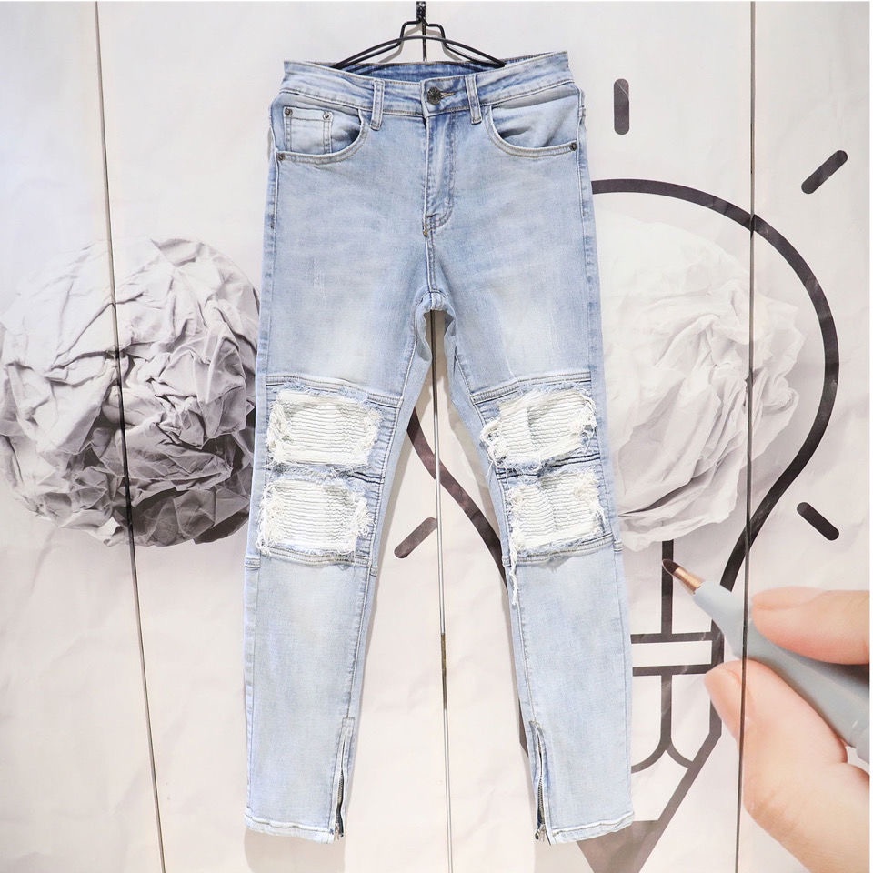 Quần jean hàng cao cấp unisex form slim fit giả rách gối phong cách đường phố