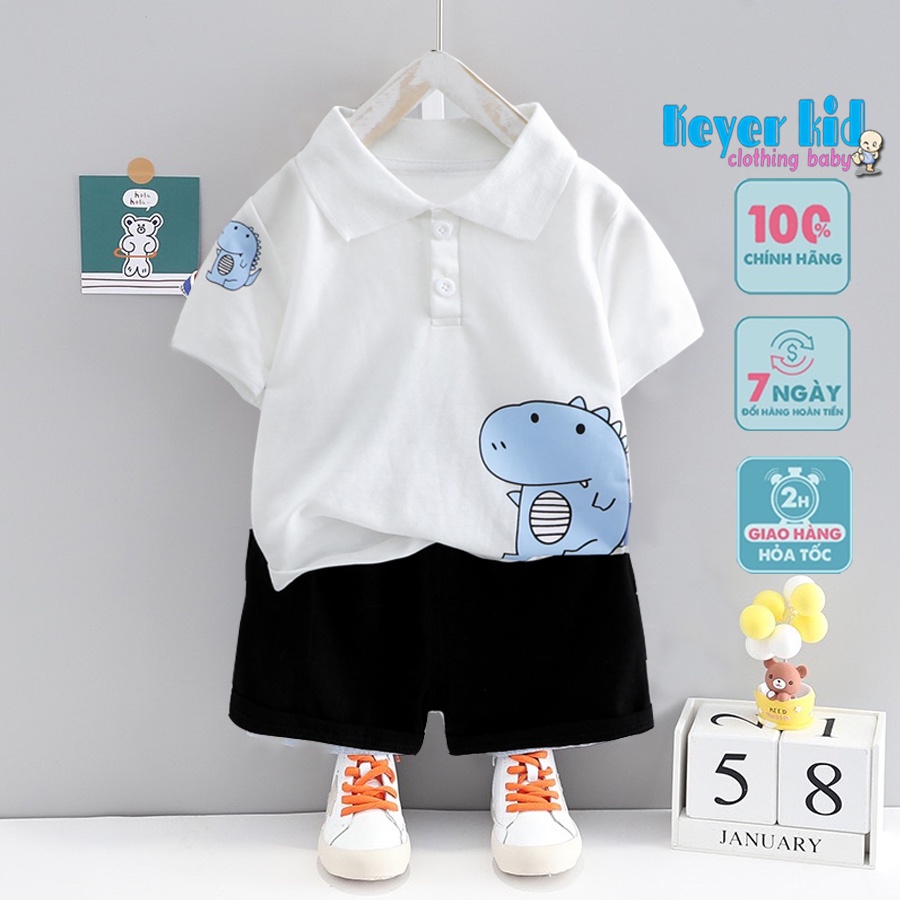 SET Bộ Quần Áo Bé Trai Mặc , Đồ Bộ Áo Thun Cotton Cổ Trụ Cộc Tay Hình Khũng Long Ngộ Ngĩnh  - KEYER KIDS SZ97