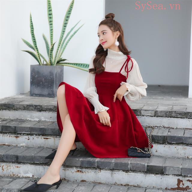 Set đồ 2 mảnh gồm áo sơ mi và đầm hai dây vải nhung có size ngoại cỡ thời trang Hàn Quốc cho nữ