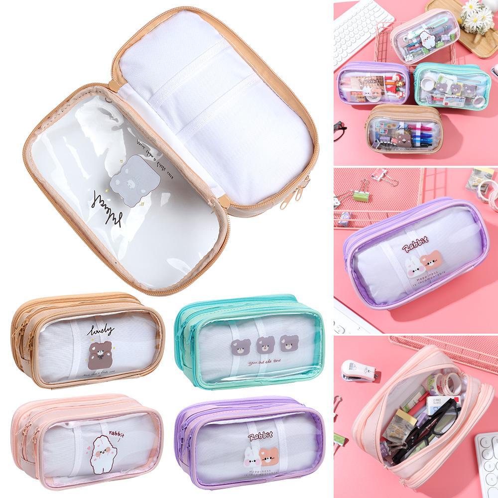 Túi Đựng Bút Chì Kẻ Ô Vuông Màu Trơn Trong Suốt Sức Chứa Lớn