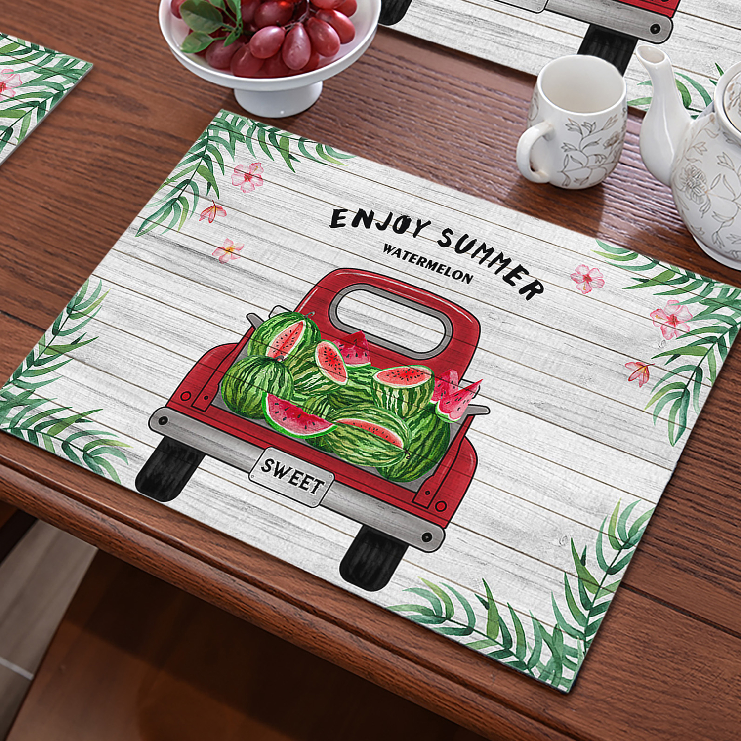 ❤LANSEL❤ 1/4 PCS Table Accessories Placemat linen 12 x 18 Inch Table Mat Holiday Pads Dining Decor Summer Rustic Washable Watermelon Truck