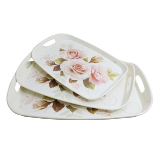 Combo 3 Mâm nhựa chữ nhật Melamine có quai cầm họa tiết Hoa Hồng 2770 (đủ size)