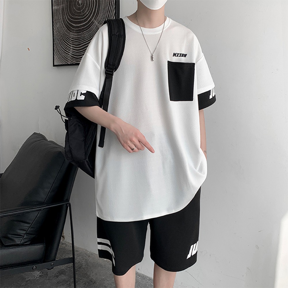 Bộ Đồ Thun Nam Basic Phối Túi Ngực Áo Ngắn Tay Cổ Tròn Kết Hợp Quần Short Đùi Thể Thao SET NAM 90000166