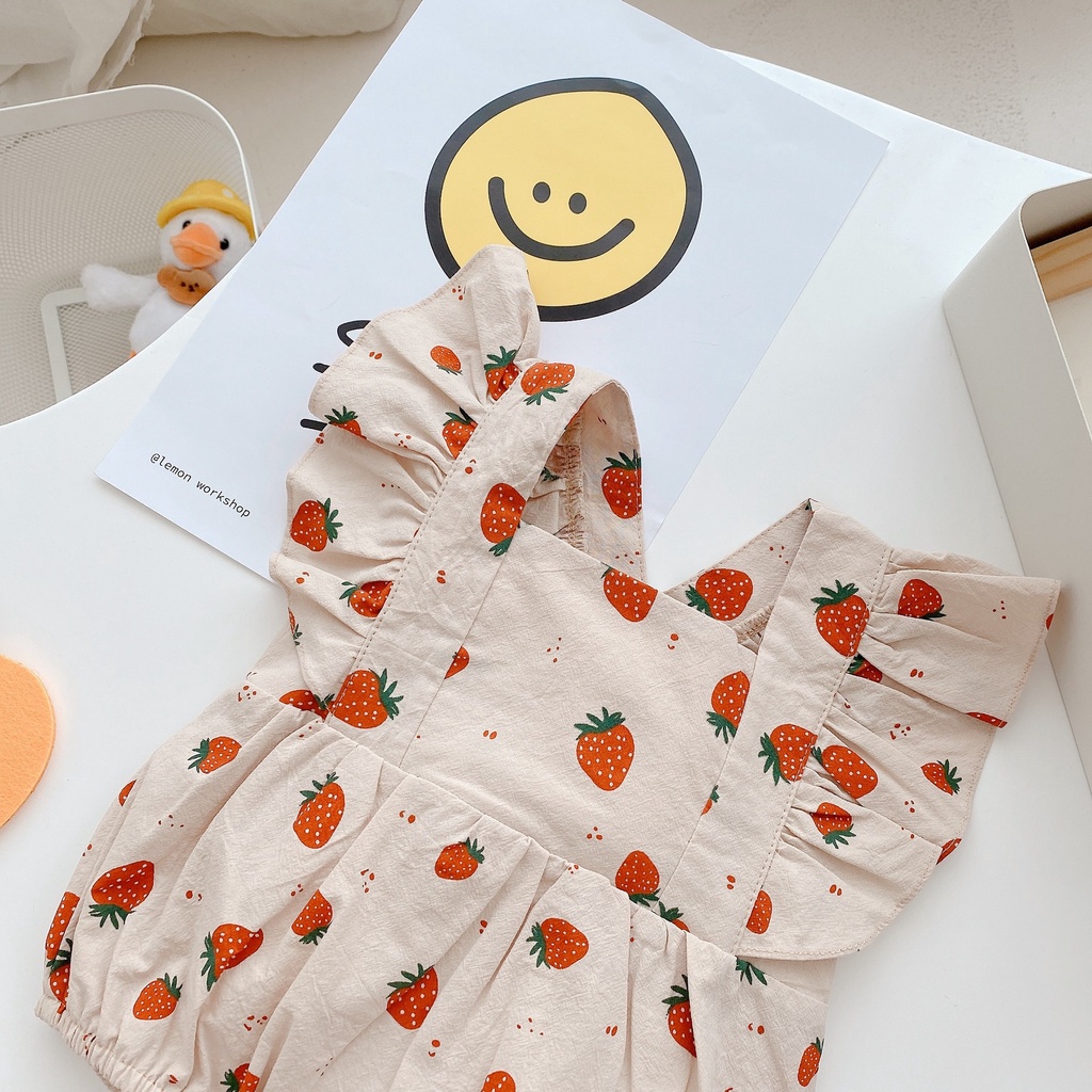 Bộ Áo Liền Quần Thiết Kế Hở Lưng In Họa Tiết Dâu Tây Dễ Thương Thời Trang Mùa Hè Cho Bé Gái Sơ Sinh