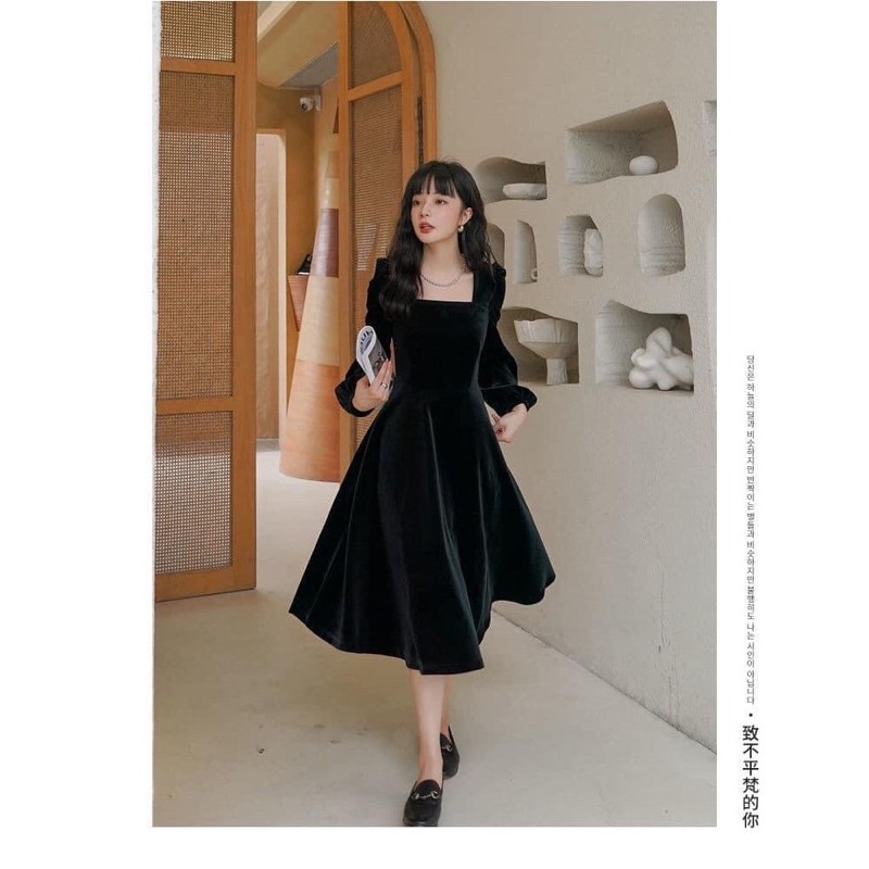 ]Váy nhung cổ vuông dáng xoè Nhung mềm tay bo hàng quảng châu váy loại 1 .