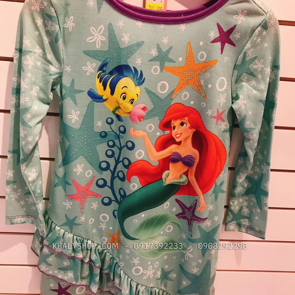 Đầm thun tay dài trẻ em hình Ariel nàng tiên cá (Princess) màu xanh lá size XS cho bé gái 3 tuổi (Mỹ US-UK) - DTDARXL05