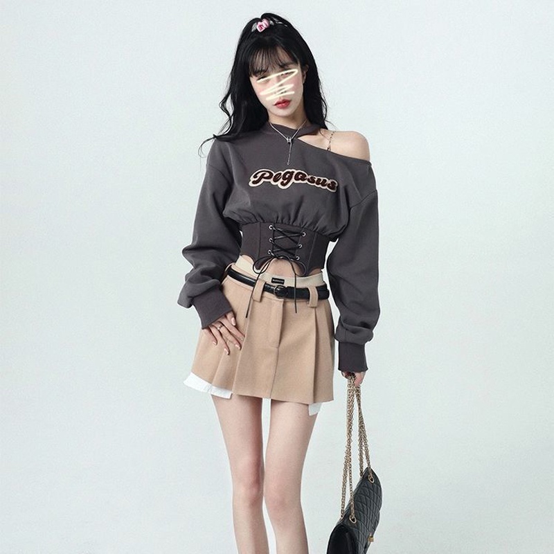 Áo sweater IELGY tay dài hở vai phong cách đường phố Hàn Quốc dành cho nữ