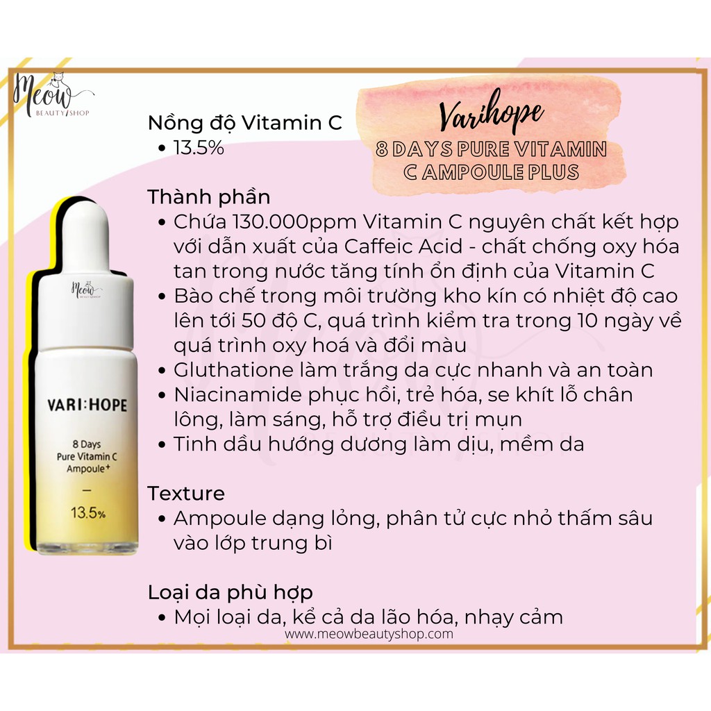 Tinh chất Varihope dưỡng trắng da mờ thâm nám 8 ngày serum vitamin C 13.5% Hàn Quốc 15ml Meow Beauty Shop by Trinh Meow | BigBuy360 - bigbuy360.vn