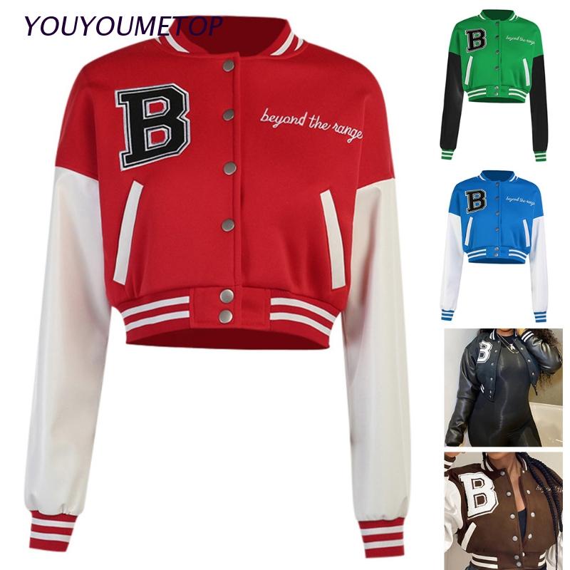 YOUYO Áo khoác bóng chày giả da tay dài dáng ngắn cài nút in chữ phối màu phong cách Harajuku cổ điển cho nữ