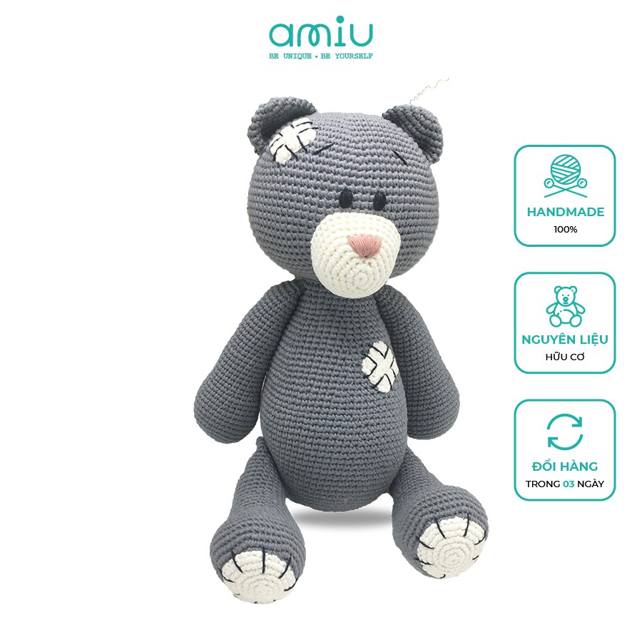 Gấu bông móc len Amigurumi cao cấp Amiu Việt Nam - Gấu vá xanh ghi đá handmade - SP000371