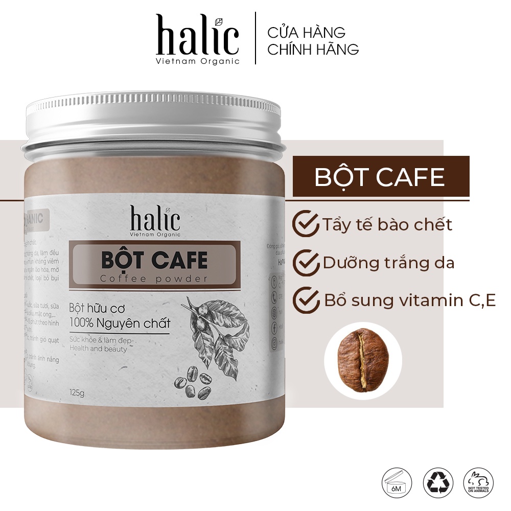 Bột Cafe đắp mặt nạ tắm trắng nguyên chất Halic Organic 125G tẩy tế bào chết dưỡng trắng da hiệu quả