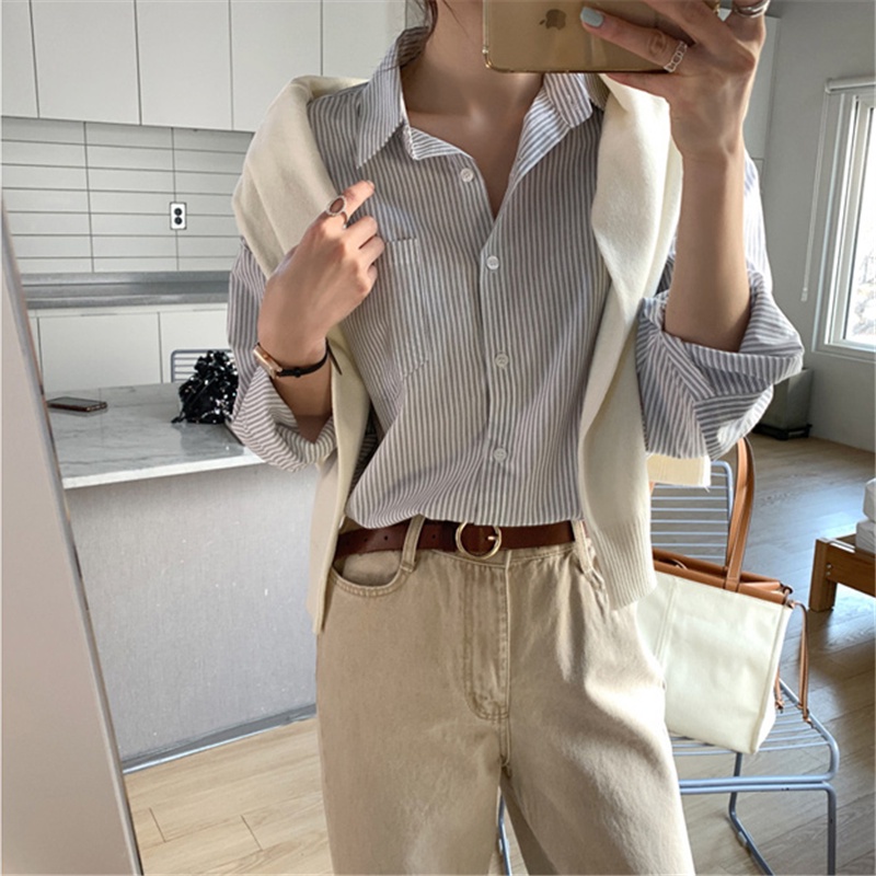 Áo sơ mi nữ SUXI tay dài kẻ sọc phong cách retro hàn quốc mới