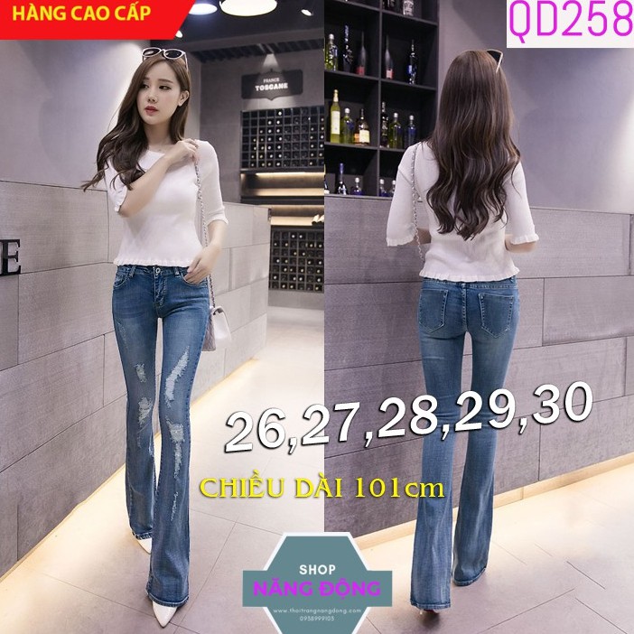 Quần Jean Nữ 💕FREESHIP� Quần jean lưng cao 1 nút ống loe cào rách 2 bên QD258