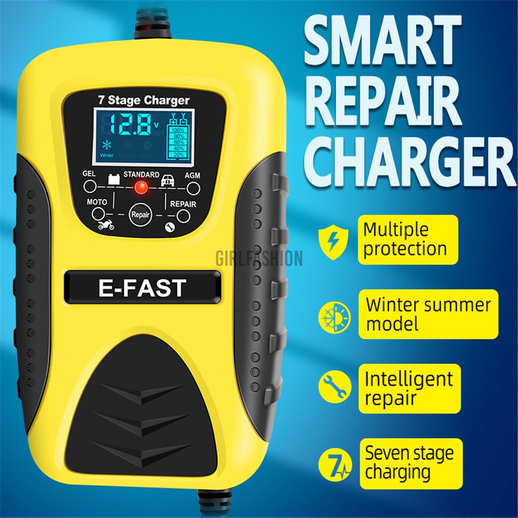 【Fashion】12V Car and Motorcycle Battery Charger Lithium Lead-acid Charger Memory Function Charging Repair