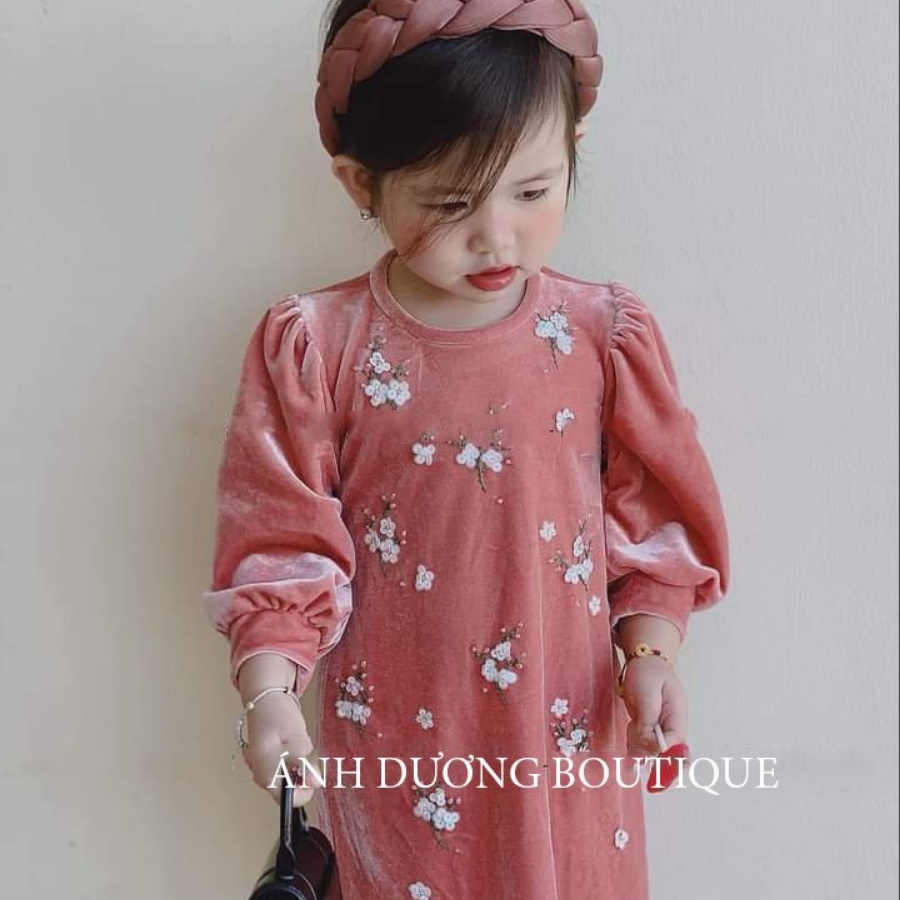 Bộ Áo Dài Cách Tân Hoa Đào Chất Liệu Nhung Cao Cấp Đủ Size - AD025