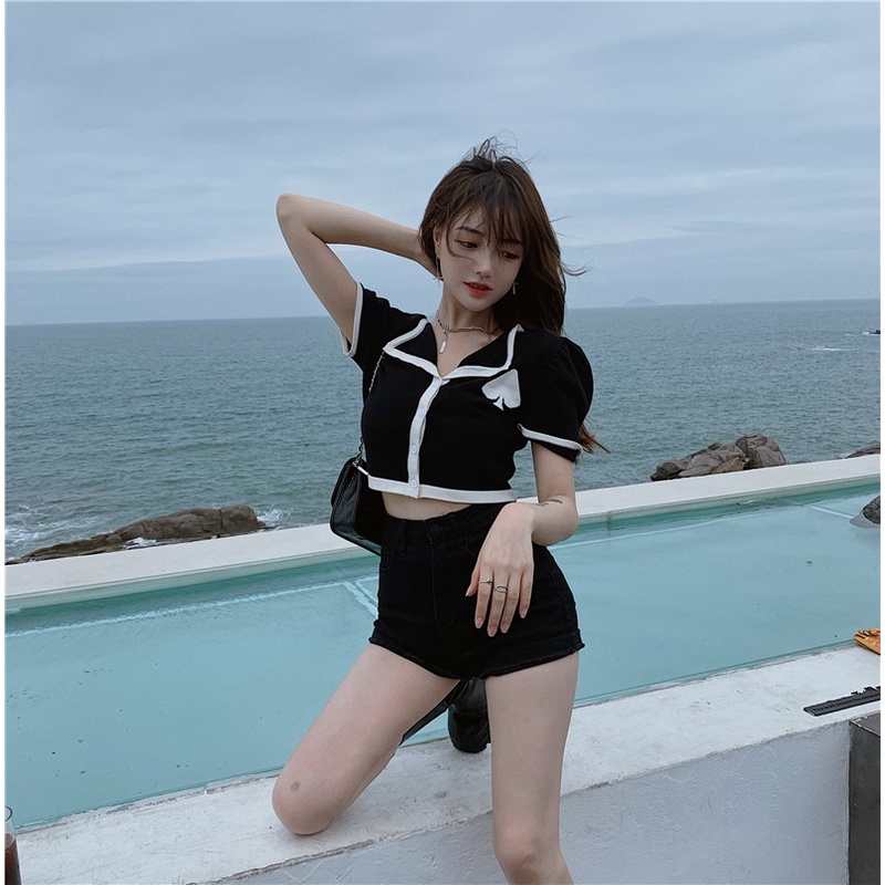 Áo cardigan ZHELIHANGFEI dệt kim tay ngắn cổ polo phong cách quyến rũ tùy chọn màu sắc