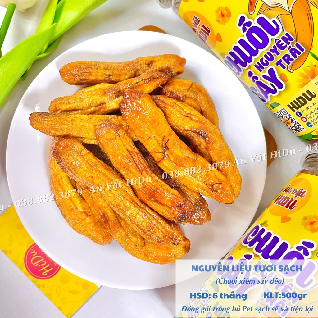 Chuối sấy dẻo nguyên trái HiDu 500gr không đường đà lạt loại ngon