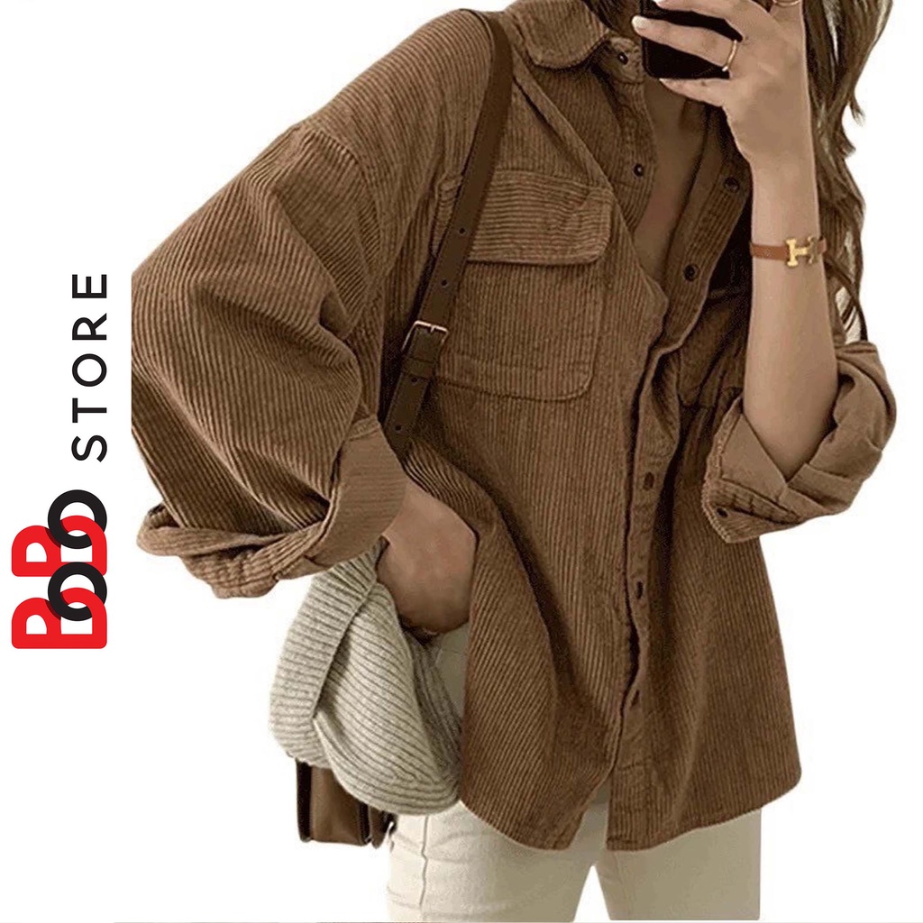 Áo khoác sơ mi nhung tăm phong cách hàn quốc 2 túi có nắp in chữ dành cho nữ - BoBo Store