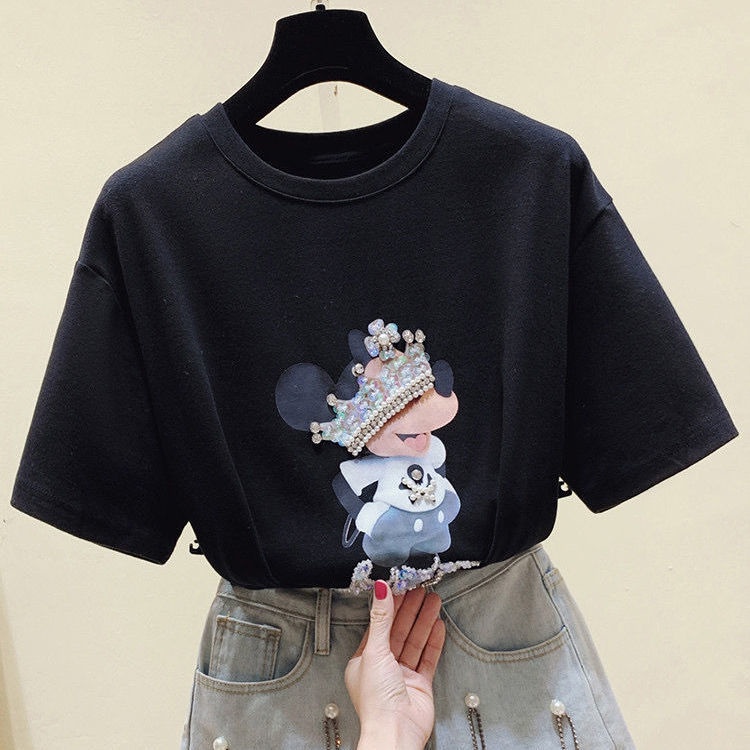 Áo thun cotton dáng rộng họa tiết chuột Mickey dễ thương cho nữ