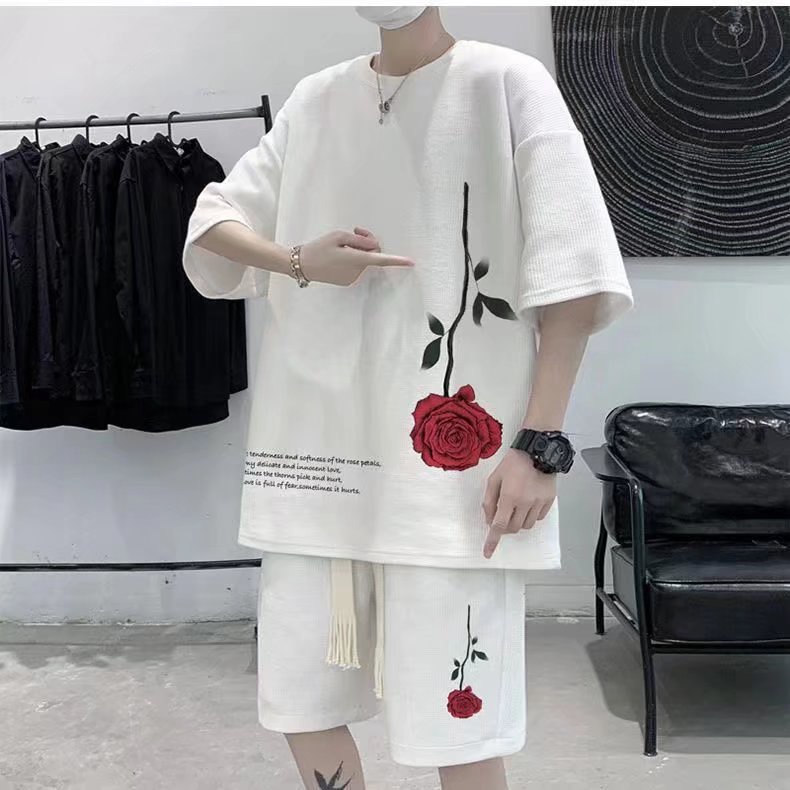[M-3XL] Bộ Áo Thun + Quần Lửng In Hoa Hồng Phong Cách Mùa Hè Giản Dị Dễ Phối Đồ Cho Nam