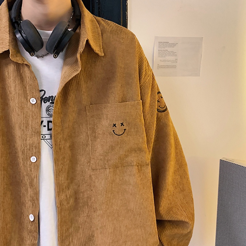 Áo sơ mi tay dài có túi trang trí hình mặt cười thời trang dành cho nam