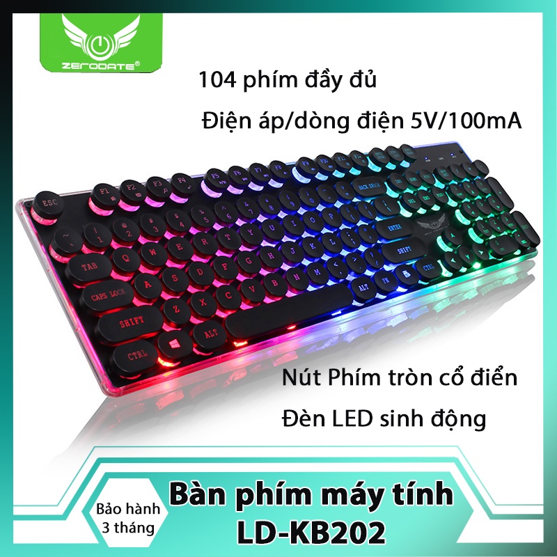 Bàn phím LD-KB202 giả cơ, đèn LED 7 màu, game chuyên dụng, thiết kế phím tròn cổ điển, 104 phím đầy đủ