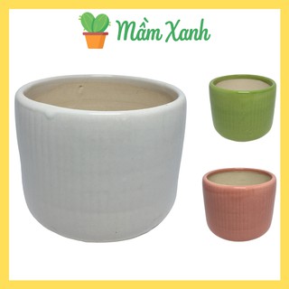 Chậu sứ kẻ tăm hình trụ trồng cây mini 8.5 x 7 cm | Tặng kèm lưới lót chậu