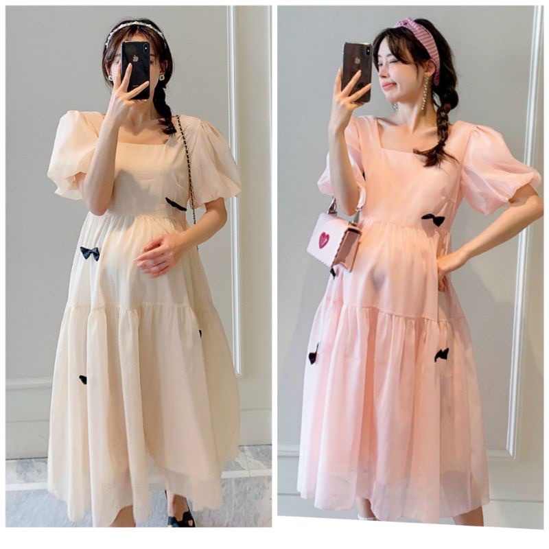Đầm bầu thiết kế voan nơ 2 lớp tiểu thư, dáng babydoll cực xinh xắn nhẹ nhàng - V09