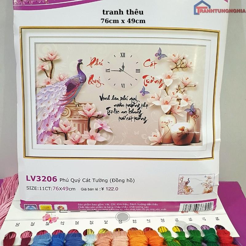 Tranh đính đá, tranh thêu chữ thập đồng hồ công phú quý cát tường