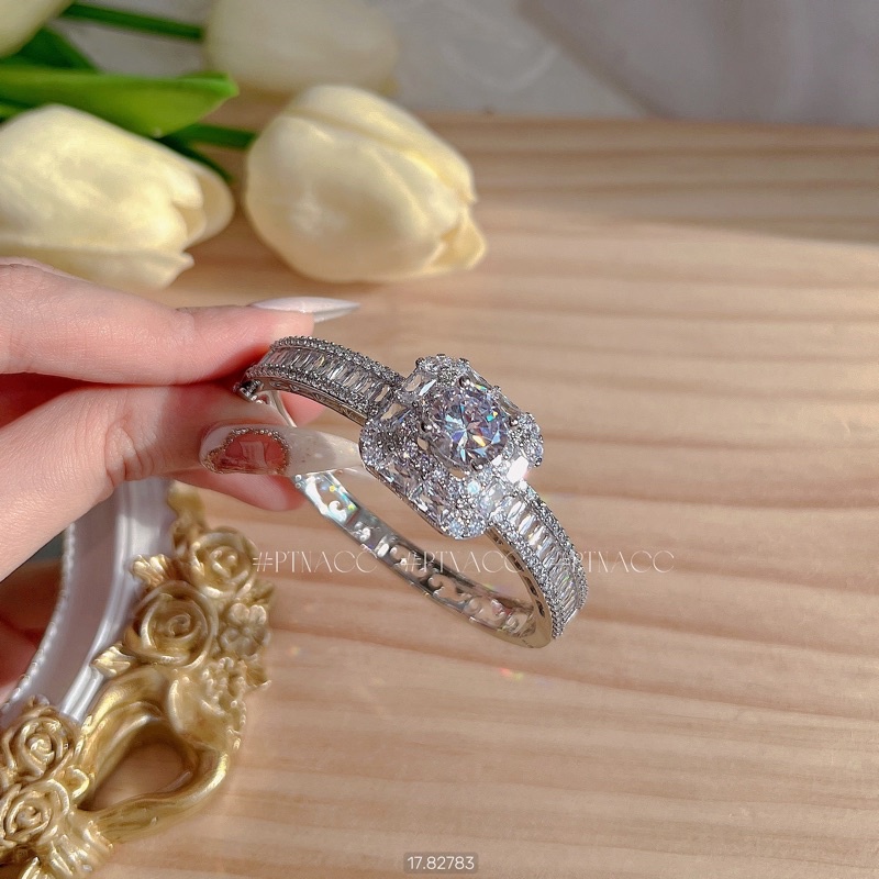 Set trang sức, bộ bông tai, dây chuyền, vòng tay, nhẫn xi bạch kim đá vuông đính full paguet .PTNACC.