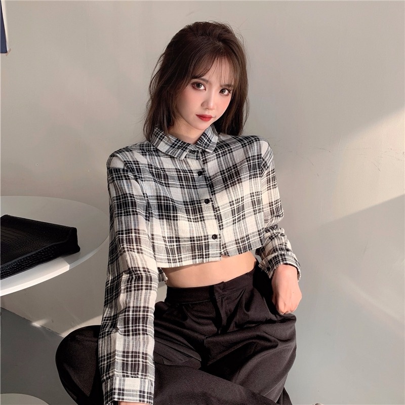 Áo sơ mi ZHELIHANGFEI tay dài cổ polo eo cao quyến rũ thiết kế thời trang