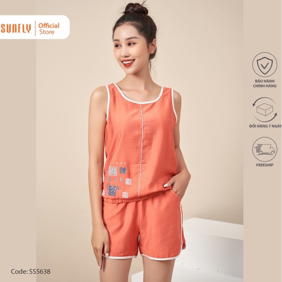 Bộ đồ mặc nhà nữ thể thao linen SUNFLY áo ba lỗ, quần sooc SS5638