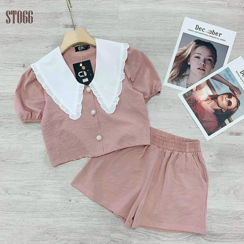 Set bộ đùi áo cổ vạt trắng có hàng nút thoải mái mặc ngày hè