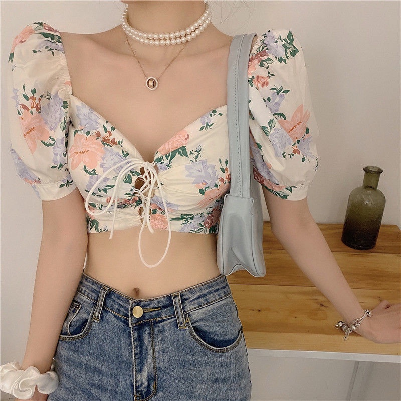 Áo sơ mi chiffon tay phồng dáng ôm phối ren hoa thời trang cho nữ