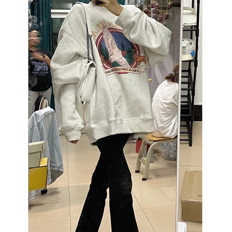 Áo sweater nỉ bông chi tiết in phong cách mùa đông hàn