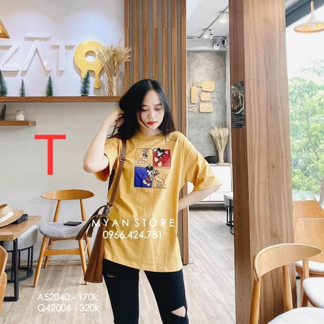 Áo thun ngắn tay cổ tròn fom rộng in hình chuột mickey và cho pluto AC18