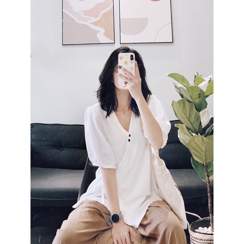 Áo trắng kimono vạt xéo cổ cột nơ,cổ V