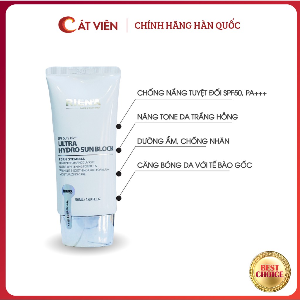 Kem chống nắng vật lý nâng tone Rien'a, cấp ẩm dưỡng trắng da chống lão hóa Hàn Quốc SPF50, PA+++ - Hàng chính hãng