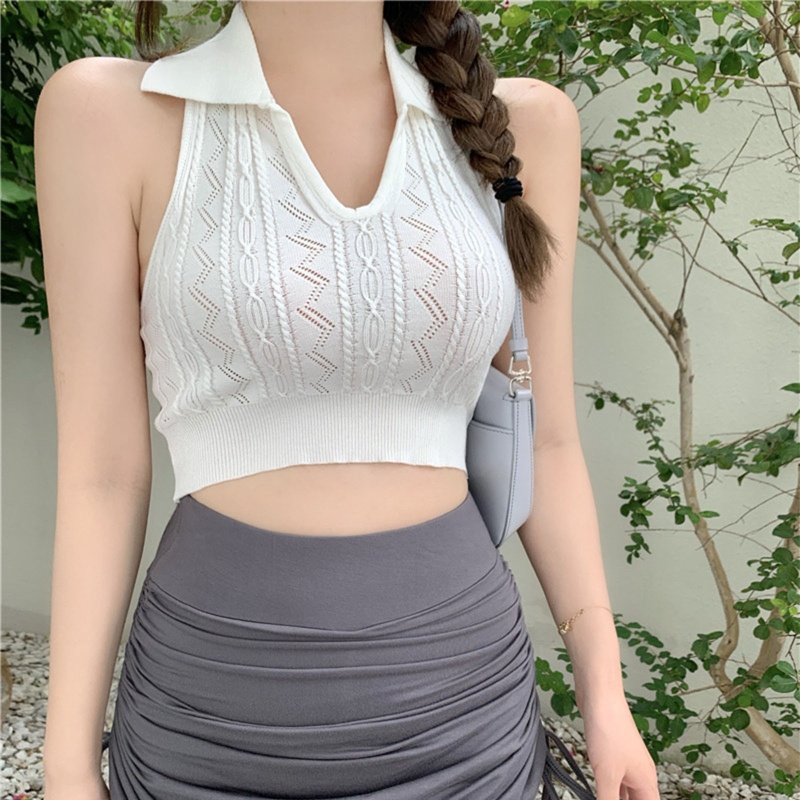 Áo Croptop Dệt Kim Không Tay Cổ Chữ V Họa Tiết Kẻ Sọc Gợi Cảm Cho Nữ