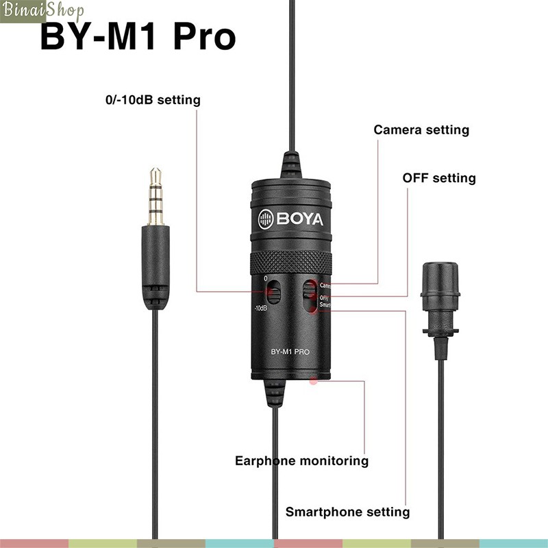 Boya BY-M1 Pro - Micro Cho Máy Quay, Máy Ảnh DSLR, Điện Thoại Di Động, Dây Dài 6m, Hướng Thu Omnidirectional.