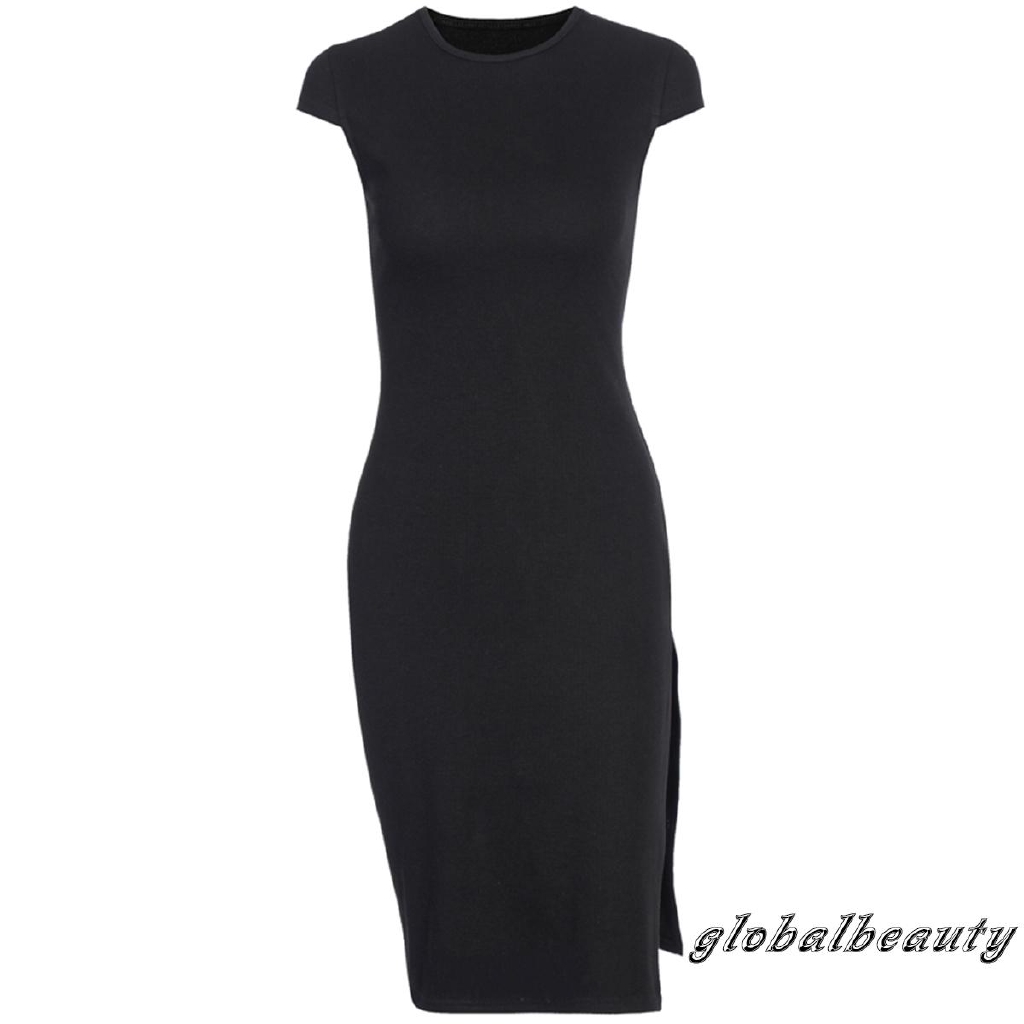 Đầm Sát Nách Cổ Tròn Màu Trơn Thiết Kế Xẻ Quyến Rũ