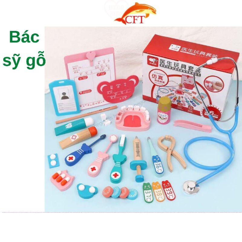 Đồ chơi bác sỹ gỗ cho bé từ 3 tuổi giúp bé tập làm bác sỹ xua tan nỗi sợ bác sỹ có ống nghe nghe thật