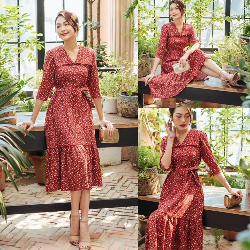 Đầm hoa nhí đỏ tay lỡ thiết kế(42-65kg)