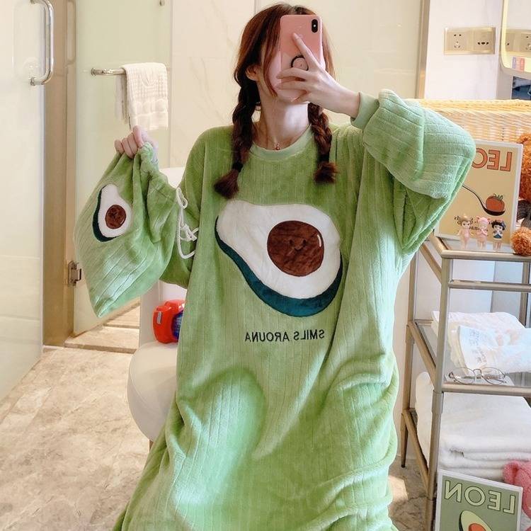 Áo Choàng Ngủ Dáng Dài Vải Flannel Ấm Áp Thời Trang Thu Đông Cho Nữ
