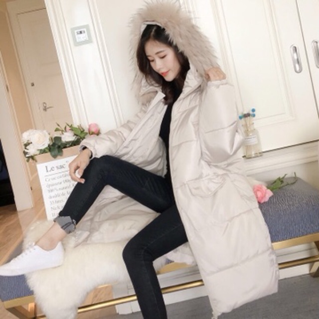 Áo phao nữ cổ lông dáng dài hàng quảng châu cao cấp