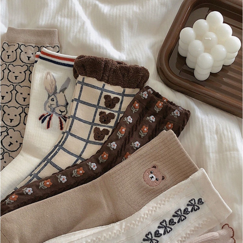 Vớ Cotton Cổ Vừa Thoáng Khí In Họa Tiết Gấu Phong Cách Hàn Quốc Thời Trang Cho Nữ Sinh