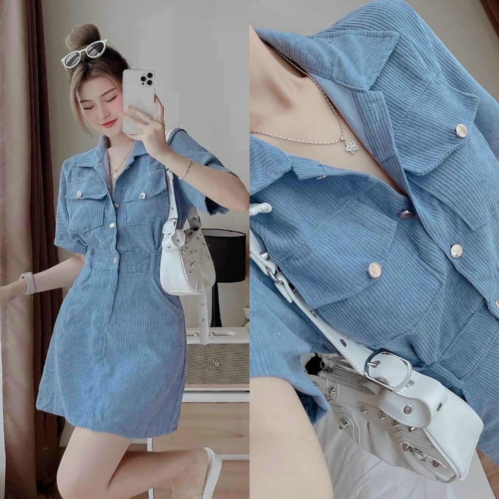 Đầm sơ mi cài nút chất liệu tăm nhung mẫu y hình thời trang nữ dành cho các nàng dự tiệc,dạo phố,đi chơi người yêu,..